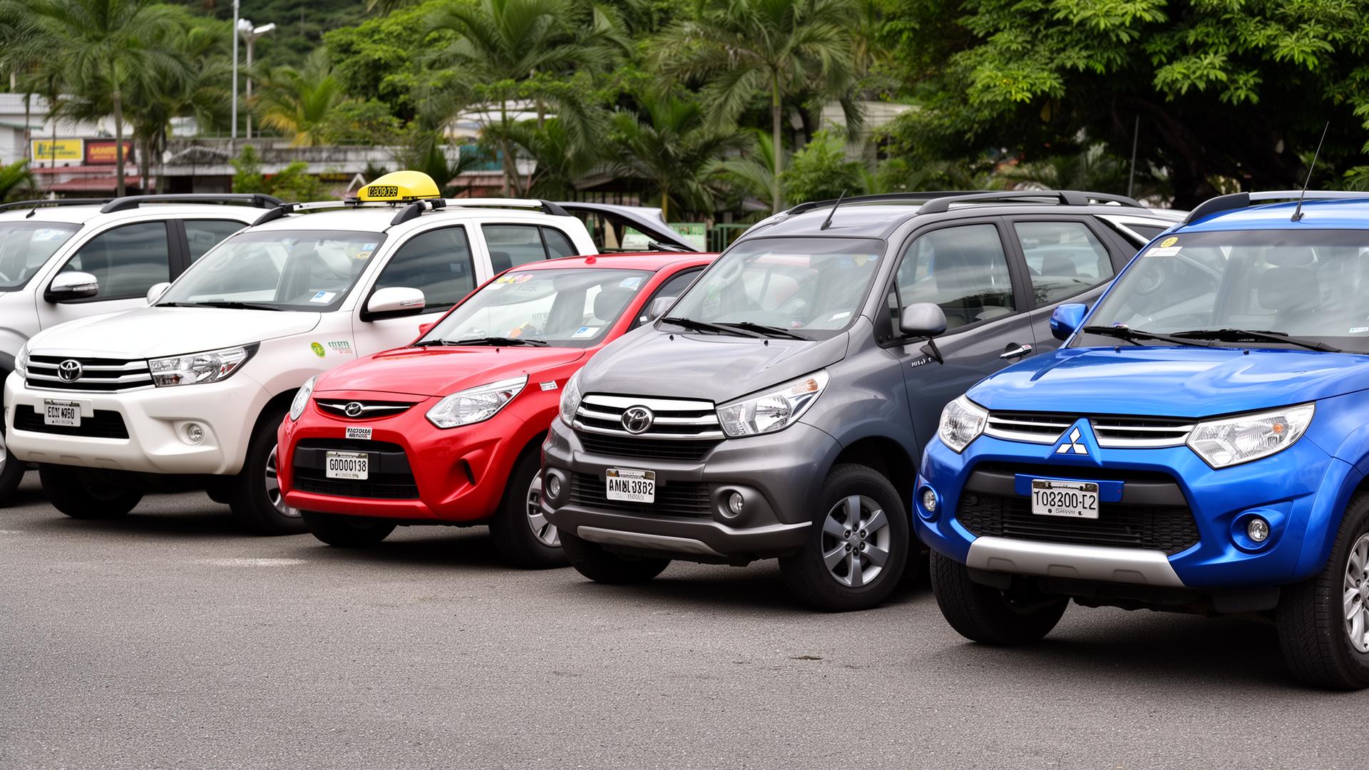 Vehículos típicos de Costa Rica: Toyota Hilux, Hyundai Accent taxi, Toyota Rush, Mitsubishi L200